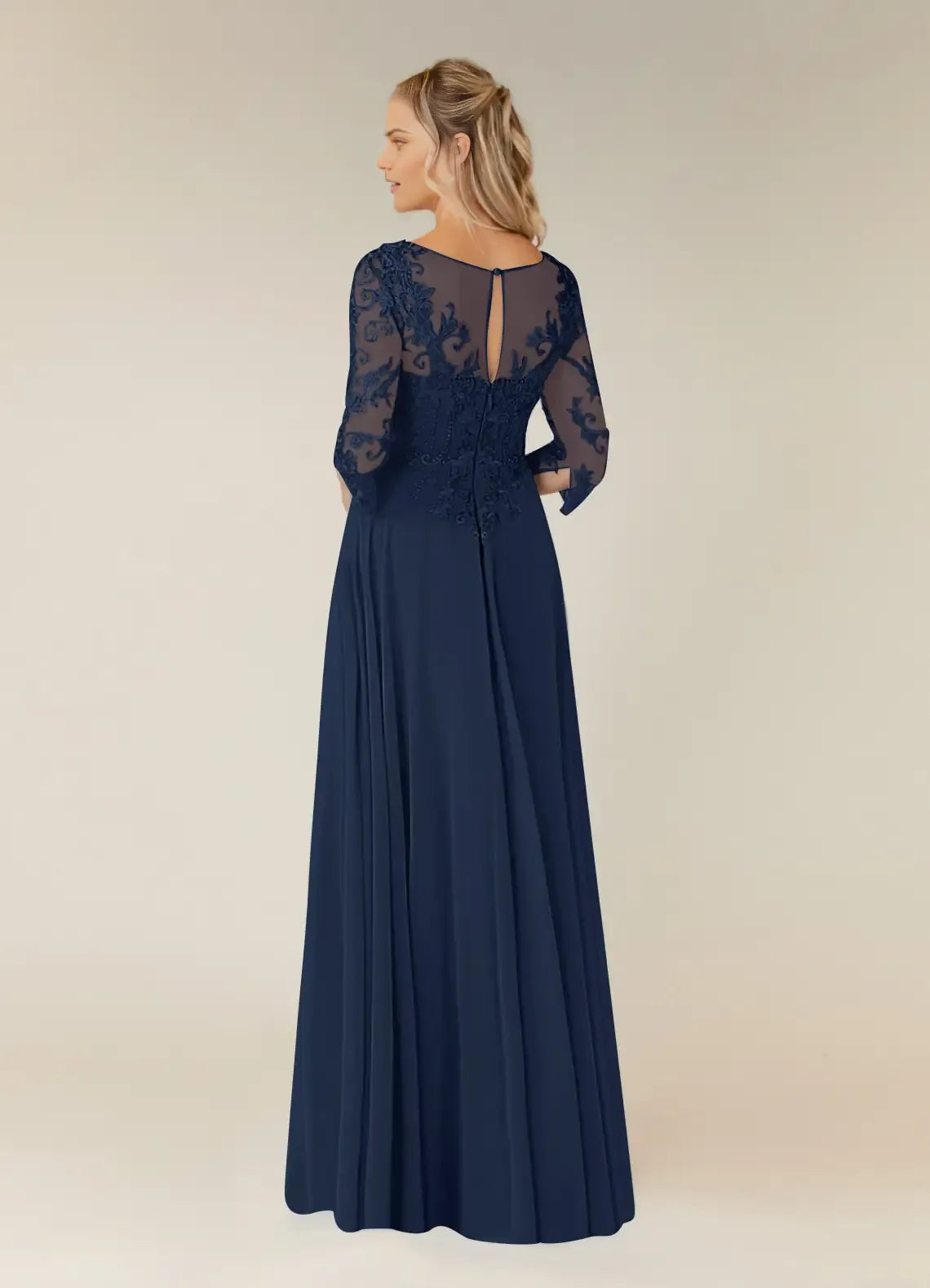 Elegant Dark Navy A-Line Lace V-Neck Three-Quarter Sleeve Illusion Back Zip Floor-Length Mother of the Bride Dress hot sale