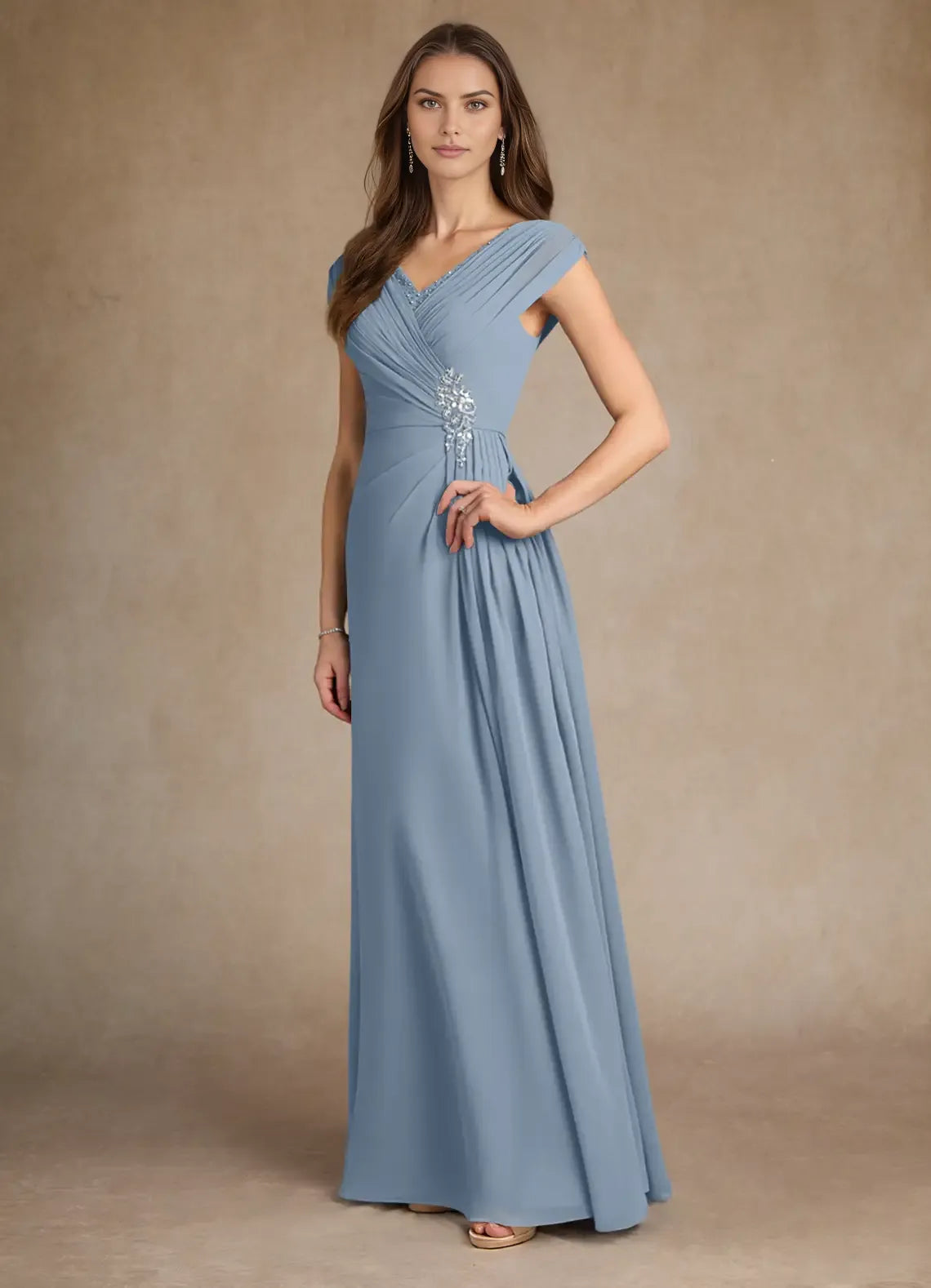 Elegant Dusty Blue A-Line V-Neck Cap Sleeves Back Zip Floor-Length Side Leg Slit Mother of the Bride Dress ready to ship