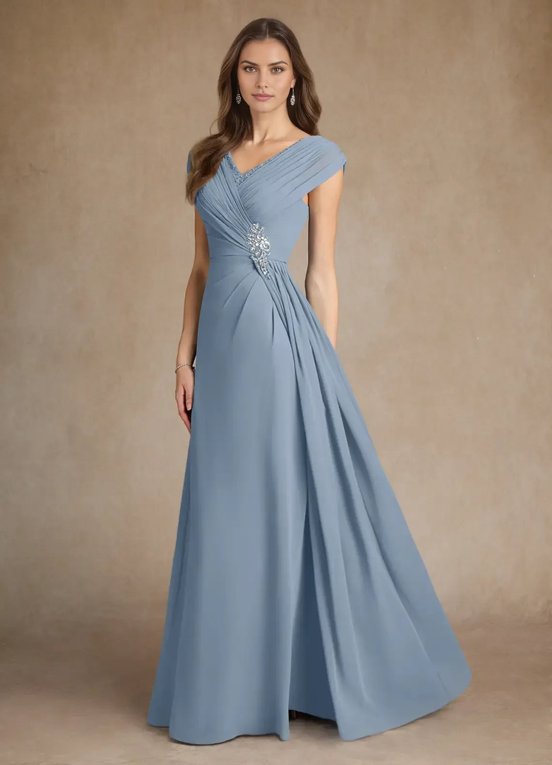 Elegant Dusty Blue A-Line V-Neck Cap Sleeves Back Zip Floor-Length Side Leg Slit Mother of the Bride Dress ready to ship