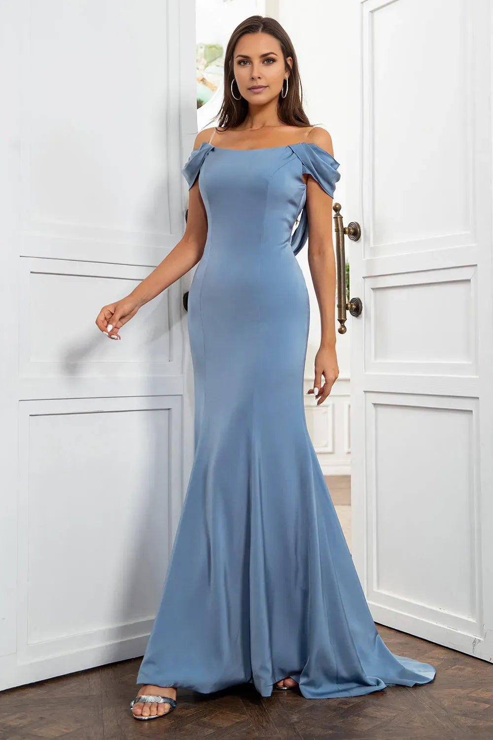 Elegant Dusty Blue Off-Shoulder Draped V back Back Zip Back Mermaid Mother of the Bride Dress women hot sale
