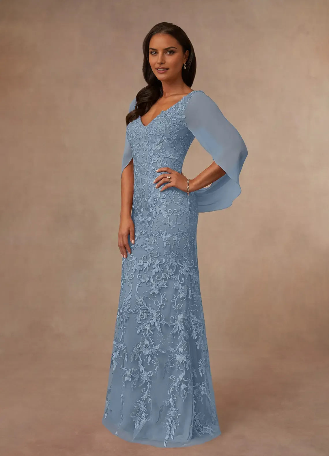 Elegant Dusty Blue Sheath V-Neck Three-Quarter Sleeve V back Back Zip Floor-Length Mother of the Bride Dress female guests for sale