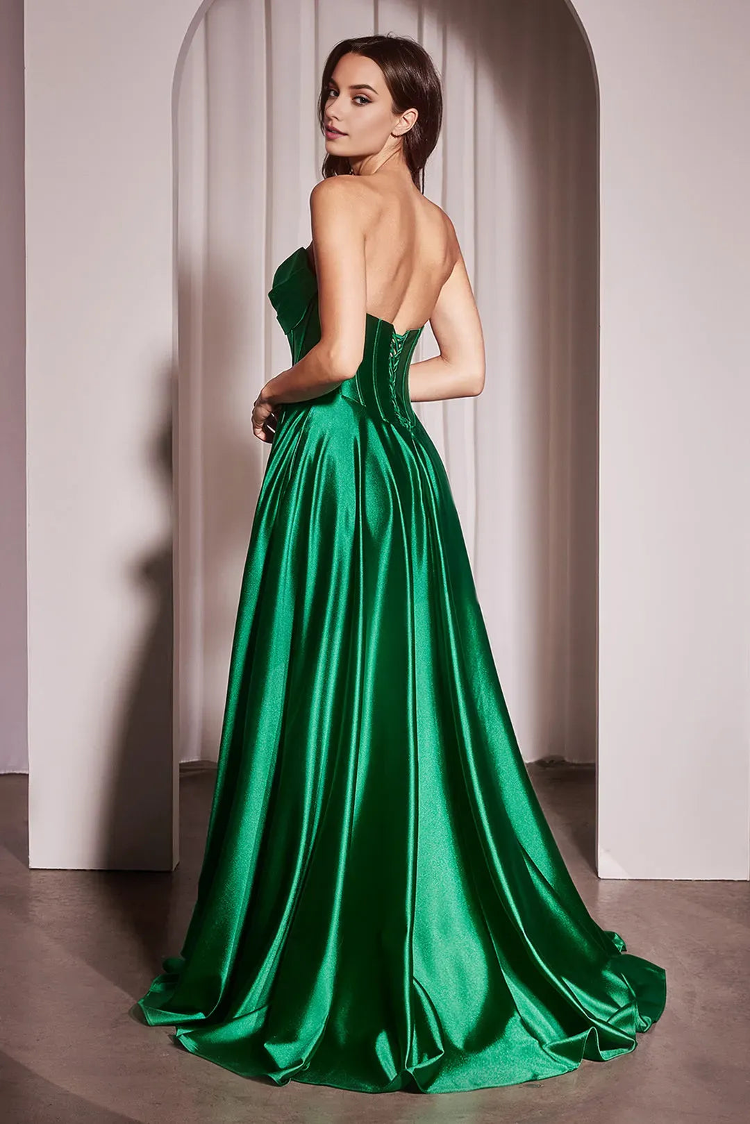 Elegant Emerald A-Line sweetheart Satin Strapless Lace Up Floor length side leg slit prom dress for women buy