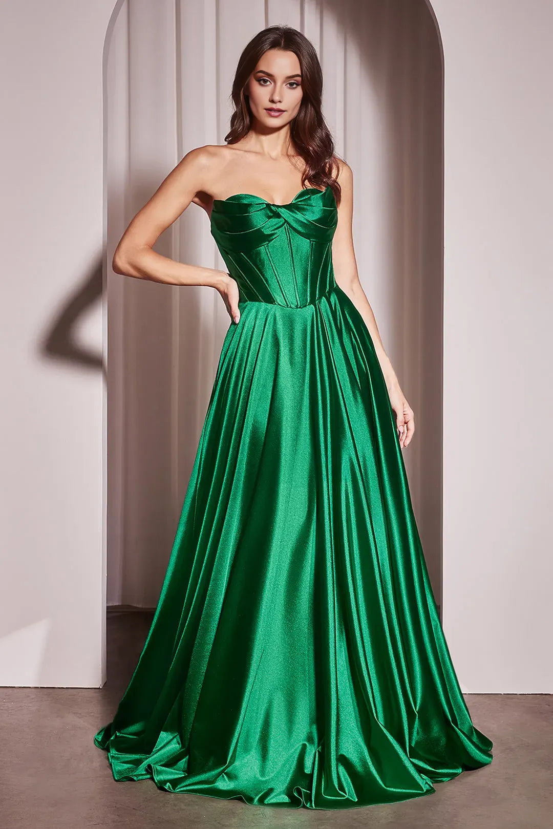 Elegant Emerald A-Line sweetheart Satin Strapless Lace Up Floor length side leg slit prom dress for women buy