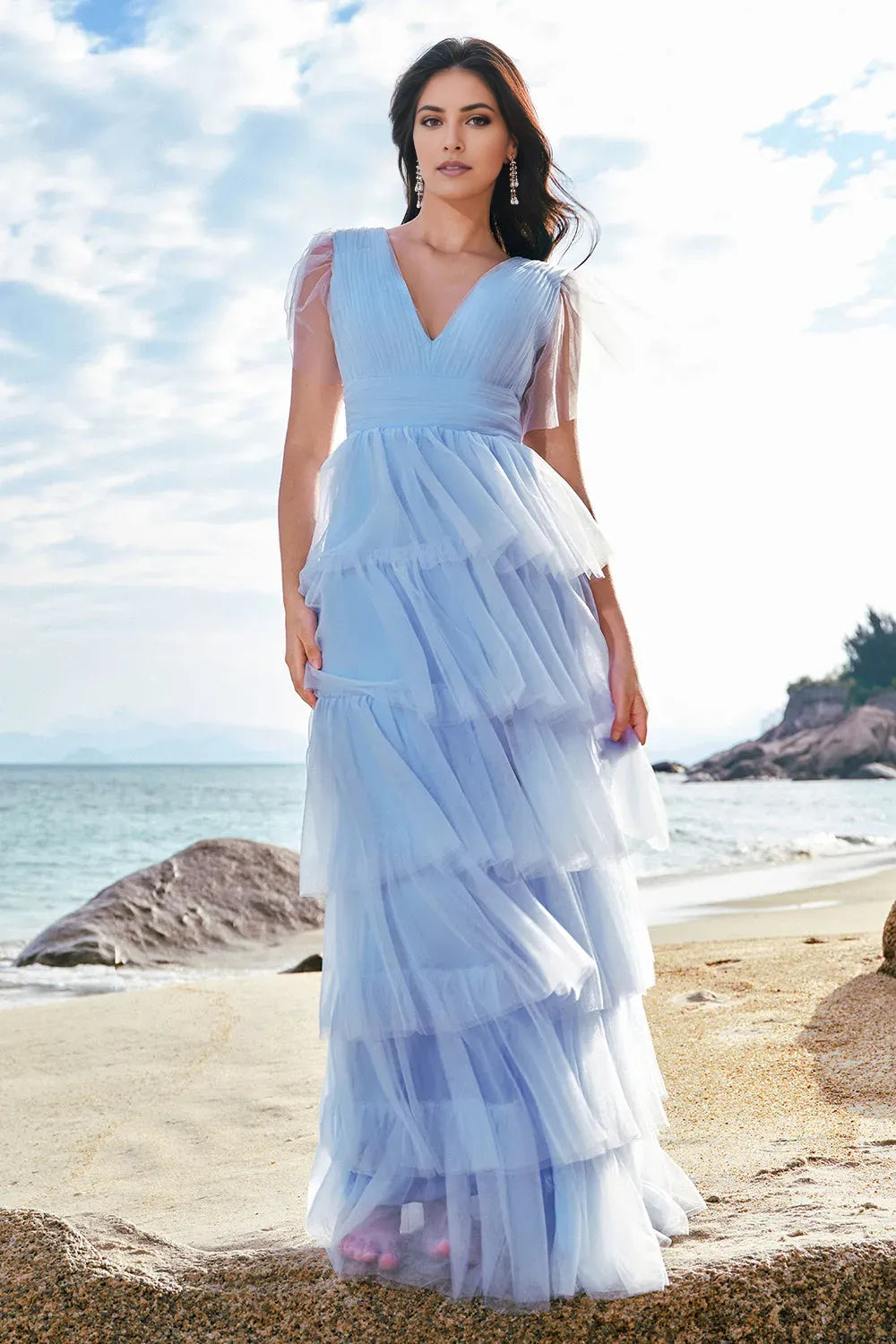 Elegant Grey Blue A-Line V-Neck Tulle Sleeve Back Zip Floor-Length Prom Dresses with Slit