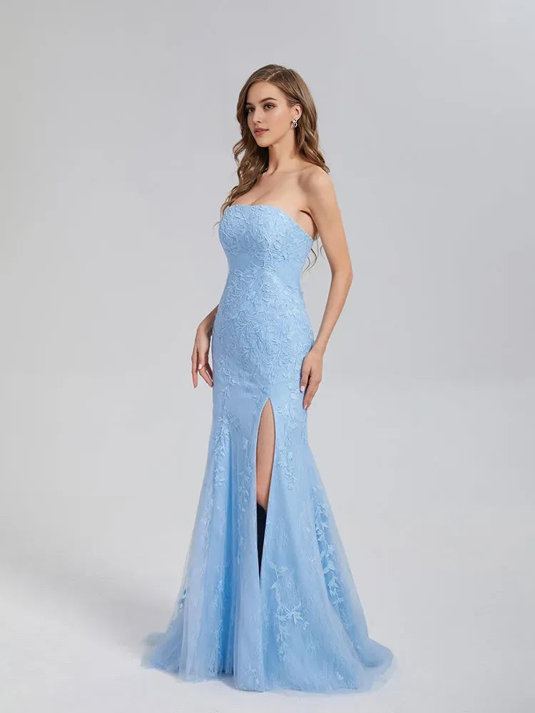 Elegant Light Blue Mermaid Strapless Appliques Lace Prom Dress with Floral and High Slit