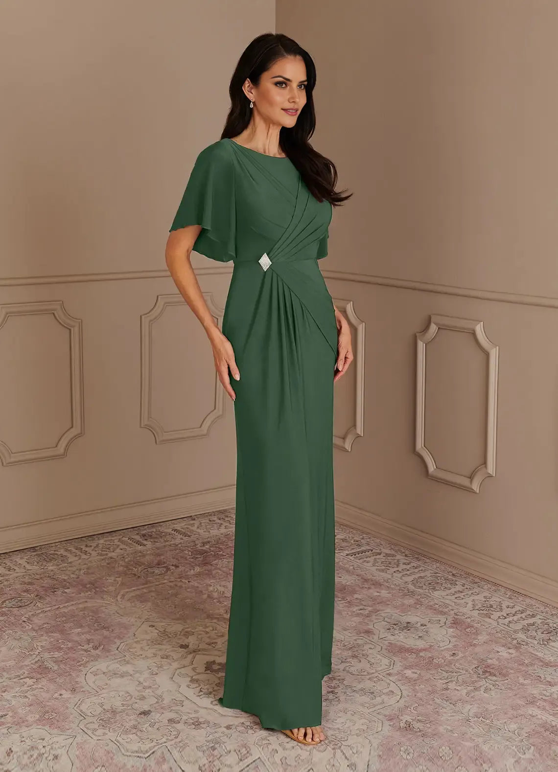 Elegant Mermaid Boat neck Flutter Sleeve V back Back Zip Floor-Length Mother of the Bride Dress for women hot sale
