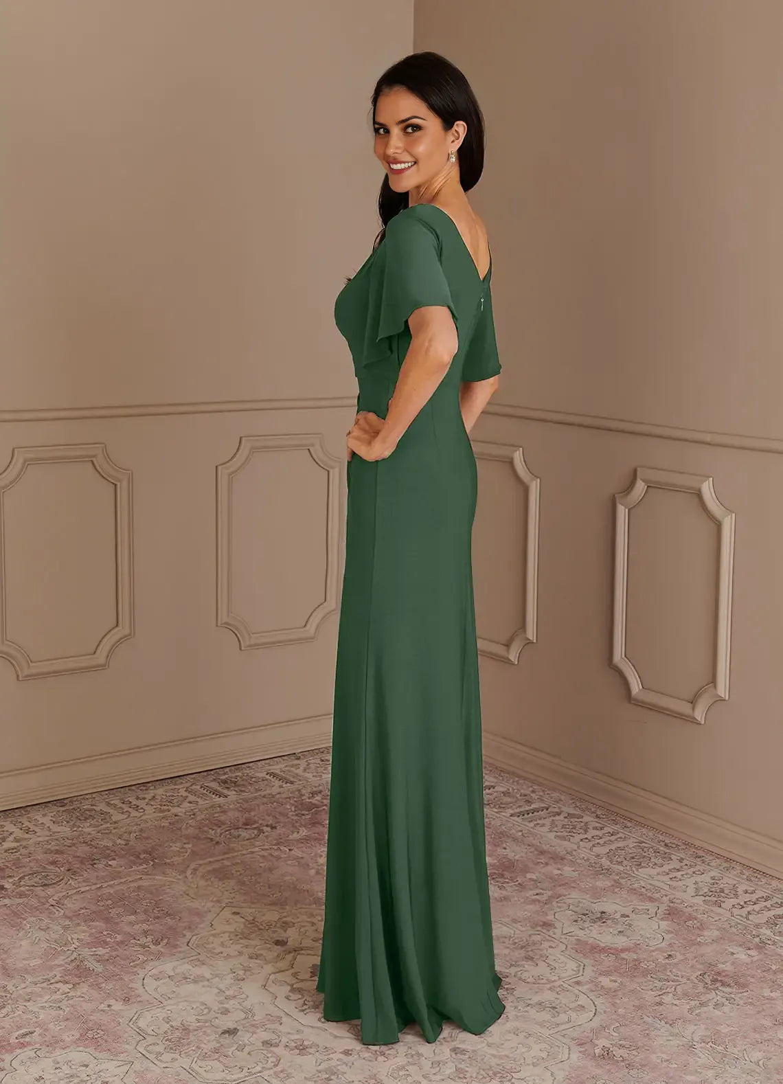Elegant Mermaid Boat neck Flutter Sleeve V back Back Zip Floor-Length Mother of the Bride Dress for women hot sale