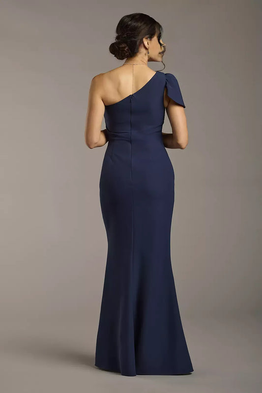 Elegant Mermaid One-Shoulder Draped Crepe Short Sleeve Back Zip Floor-Length Mother of the Bride Dress