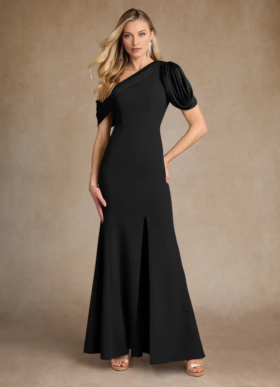 Elegant Mermaid Pleated Asymmetrical neckline Cold Shoulder Sleeve Side Zip Floor-Length Side Leg Slit Mother of the Bride Dress for ladies