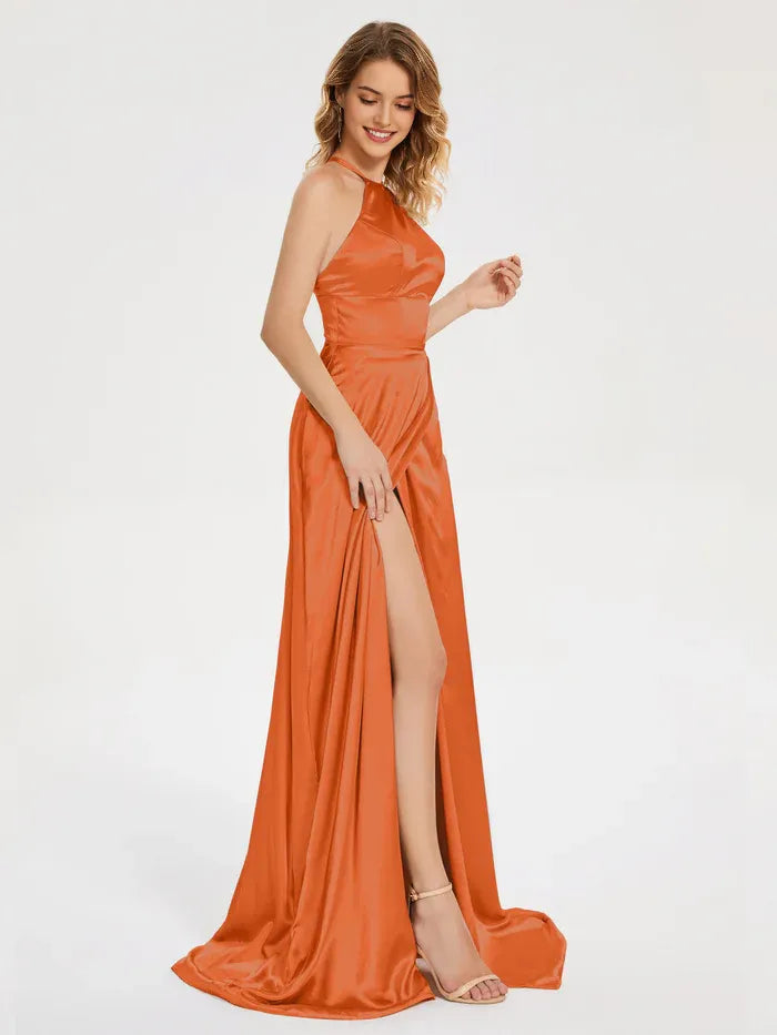 Elegant Orange Satin Halter Neck Spaghetti Straps Soft Satin Prom Dress with High Slit