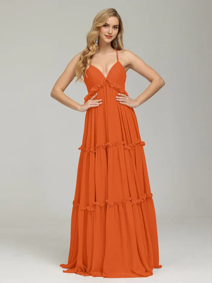 Elegant Royal_Blue Tiered Backless V-neck Prom Dress with Spaghetti Straps and Ruffled Details