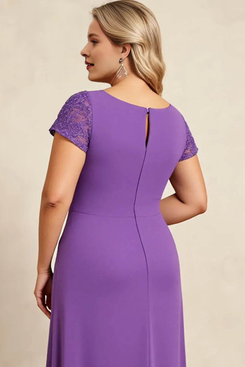 Elegant Purple A-Line V-Neck Lace Ruched Short Sleeve Back Zip Floor-Length Mother of the Bride Dress