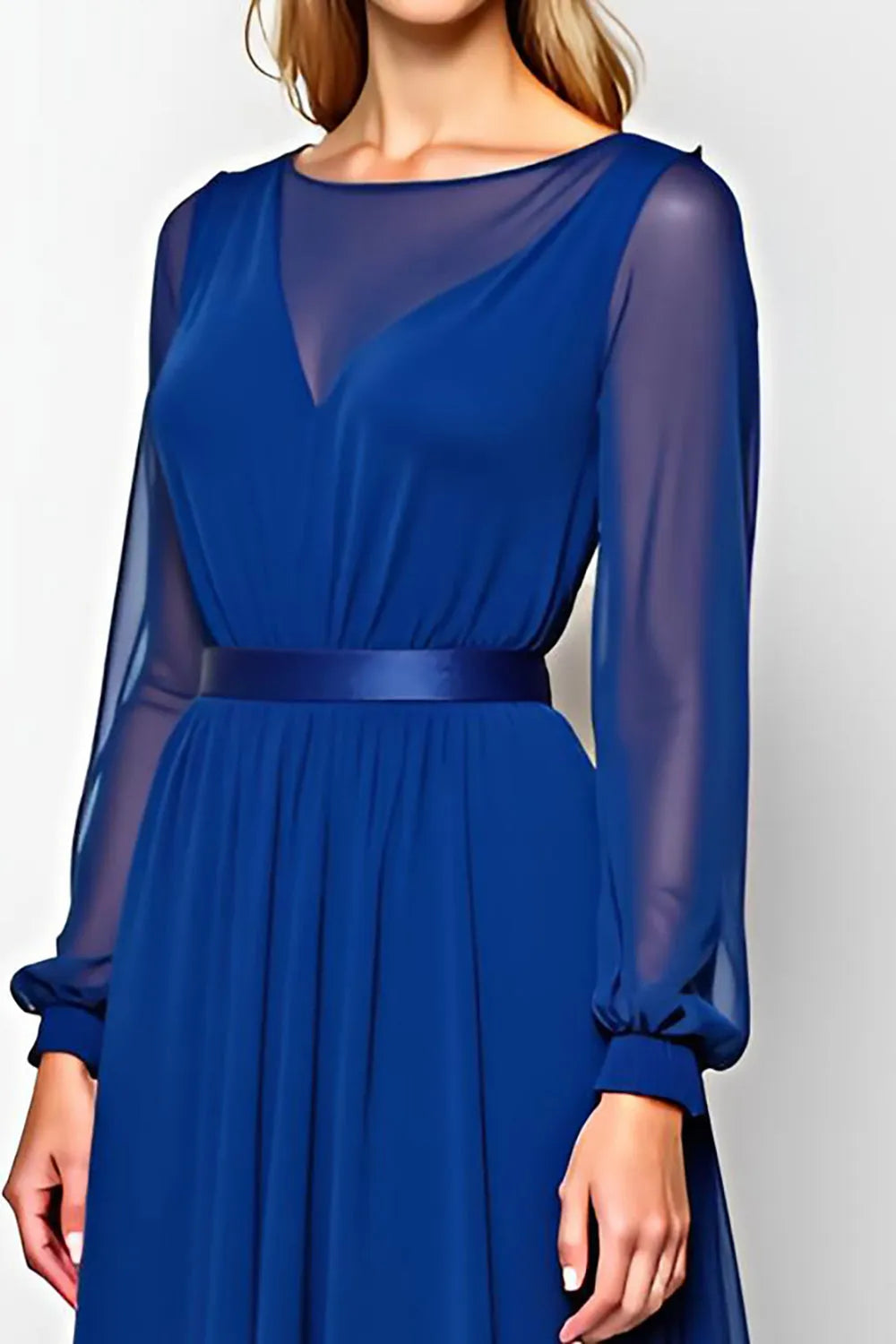 Elegant Royal Blue A Line Scoop Sheer Sleeve Open Back Mother of the Bride Dress for ladies