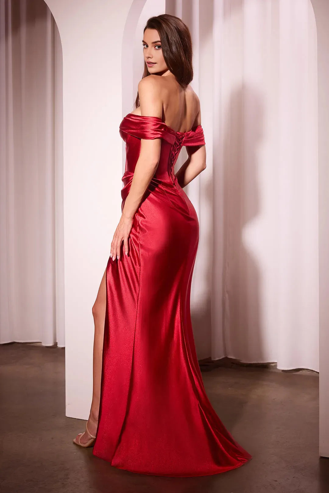 Elegant Satin Red Sheath Off the shoulder sweetheart Lace Up Floor length side leg slit prom dress for bride for sale