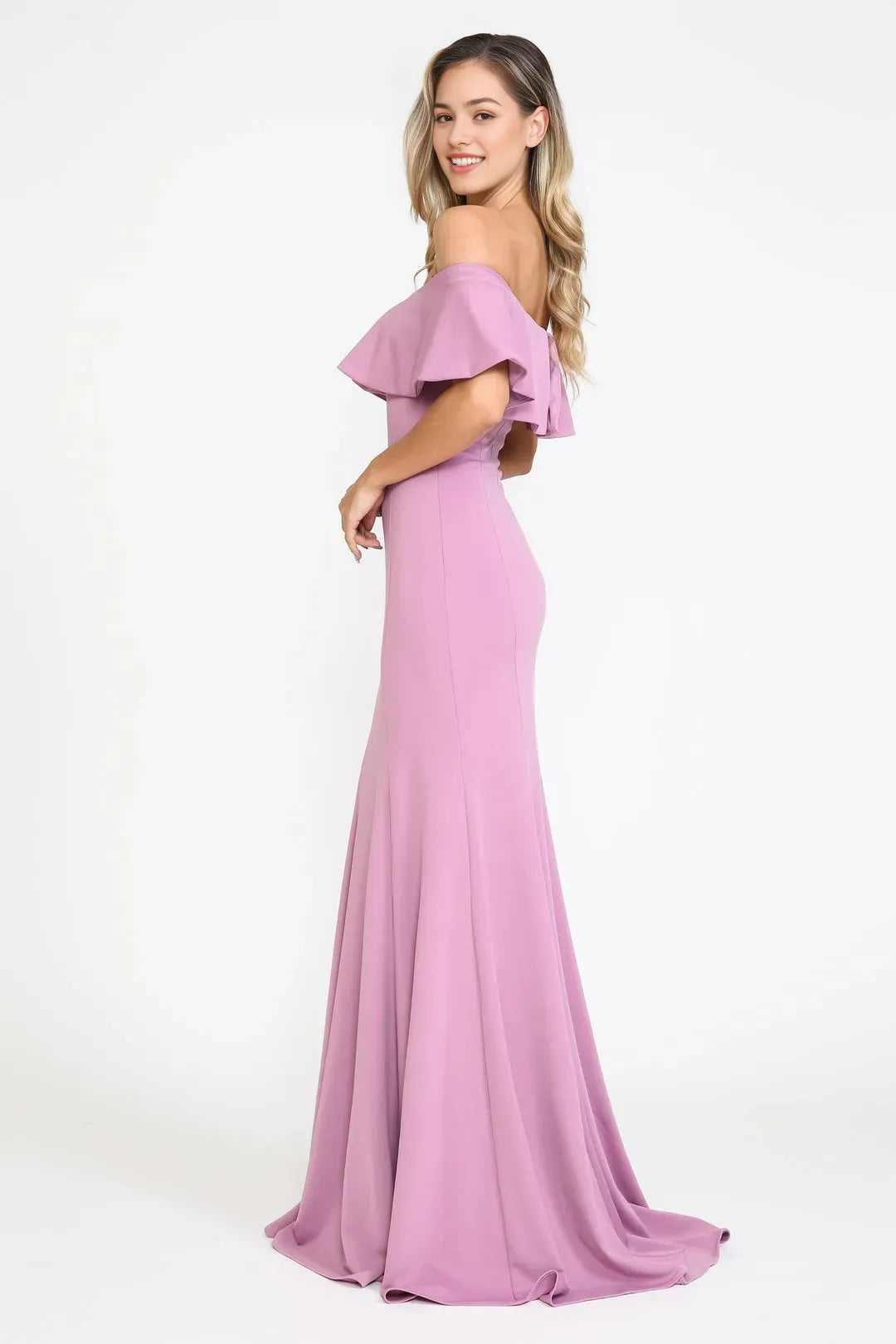 Elegant off shoulder ruffle sleeve Backless zipper Floor length prom dress for women hot sale