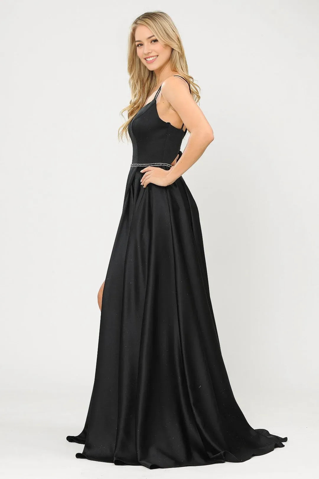 Elegant satin A-line illusion V-neck sleeveless Lace Up Floor length Side Slit prom dress for women for sale