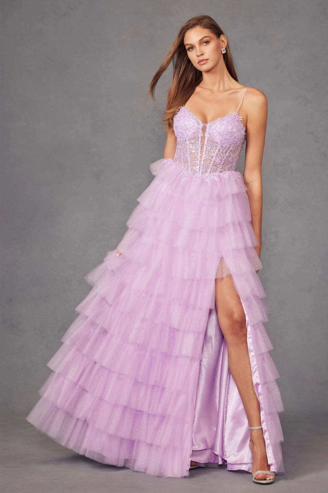 Embroidered sleeveless A-line dress with multi-layer sheer hem and side slit