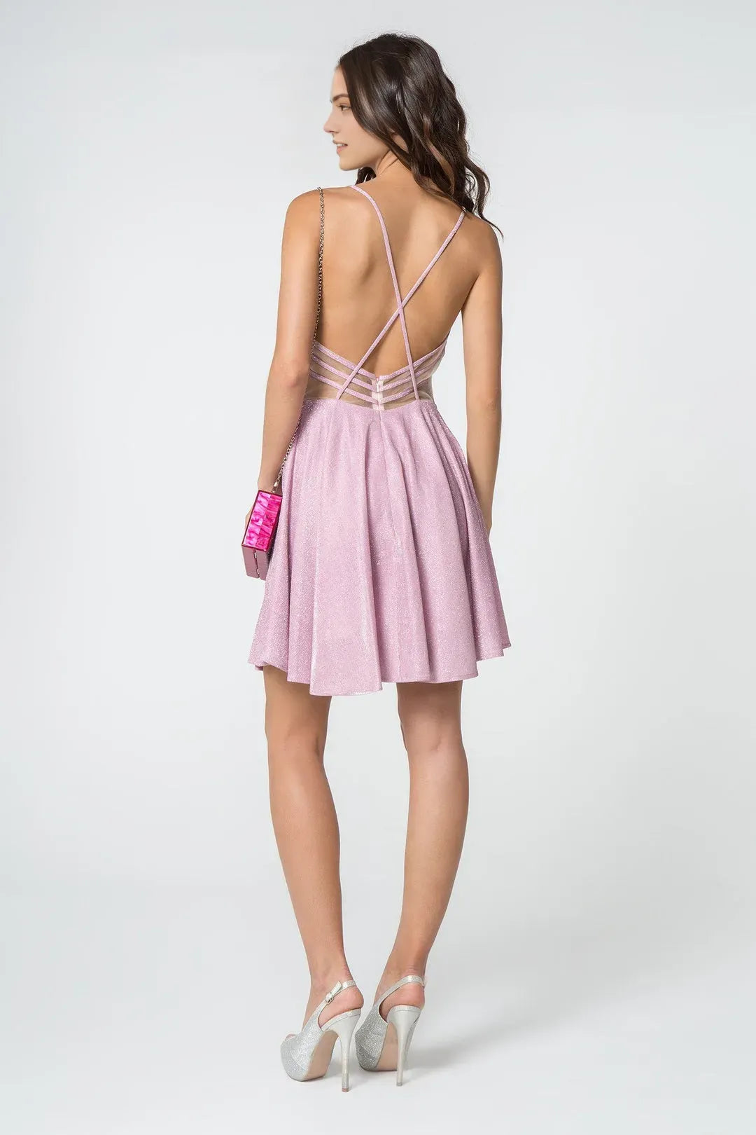 Fashion Illusion Deep V-Neck Glitter Crepe Sleeveless Lace Up Short Homecoming Dress for women hot sale