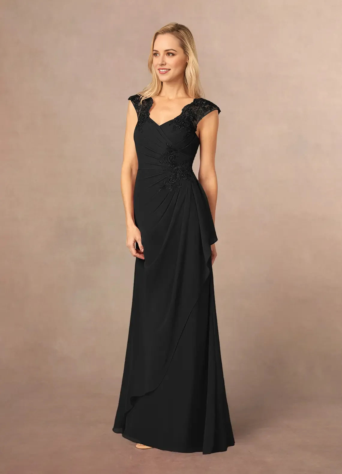 Fashionable A-Line Chiffon V Neck Cap Sleeves Lace V back Back Zip Floor-Length Mother of the Bride Dress Custom