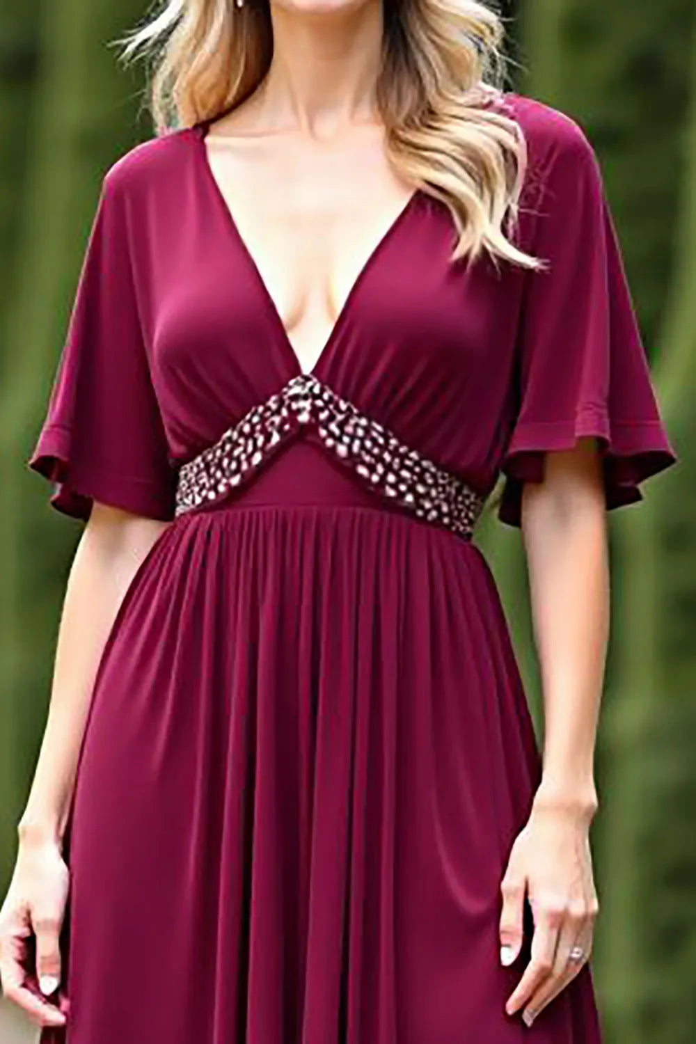 Fashionable A-Line Deep V-Neck Flutter Sleeve Open-Back Floor-Length Mother of the Bride Dress with Slit