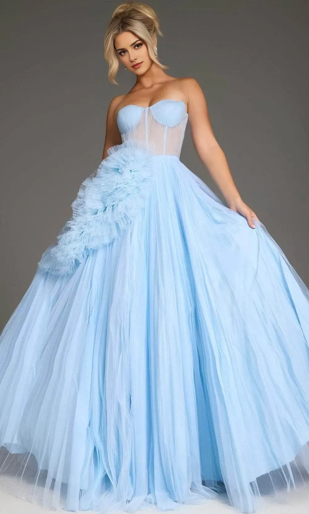 Fashionable A-Line Sweetheart Light Blue Strapless Back Zipper Floor-Length Tulle Ruffle Ball Gown Prom Dress