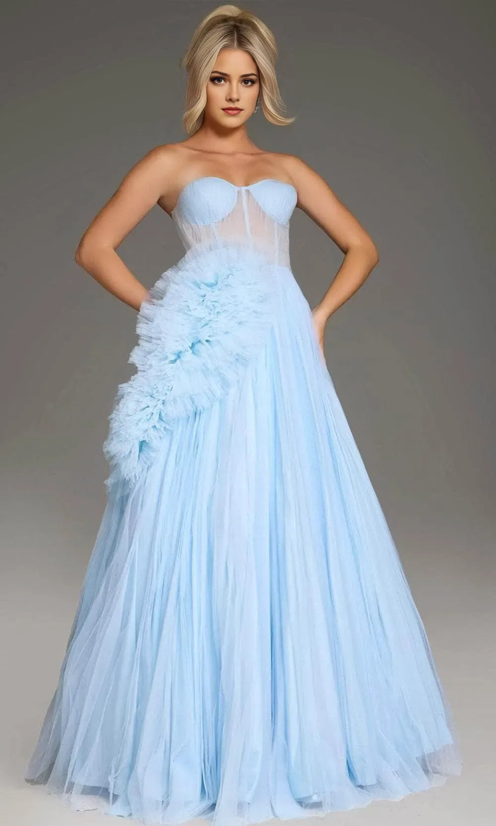 Fashionable A-Line Sweetheart Light Blue Strapless Back Zipper Floor-Length Tulle Ruffle Ball Gown Prom Dress