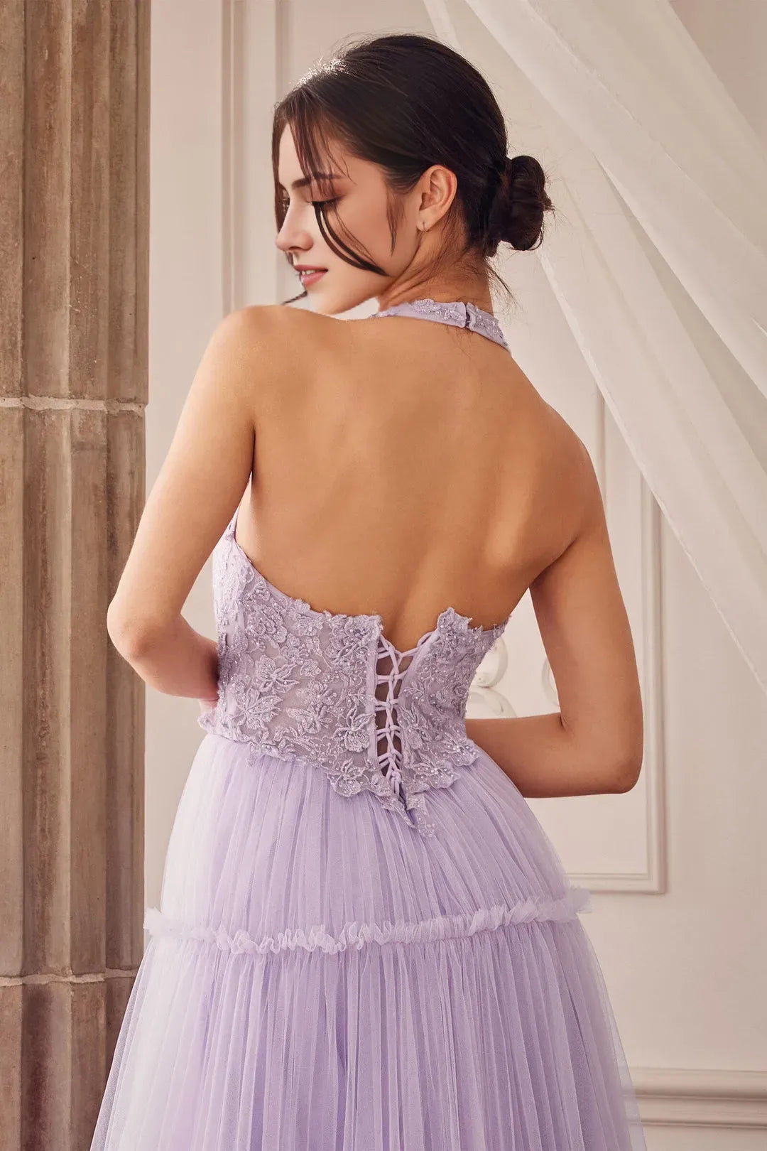 Fashionable A-Line Tulle illusion Halter V-neck Sleeveless Lace Appliques Lace Up Floor length prom dress for women for sale