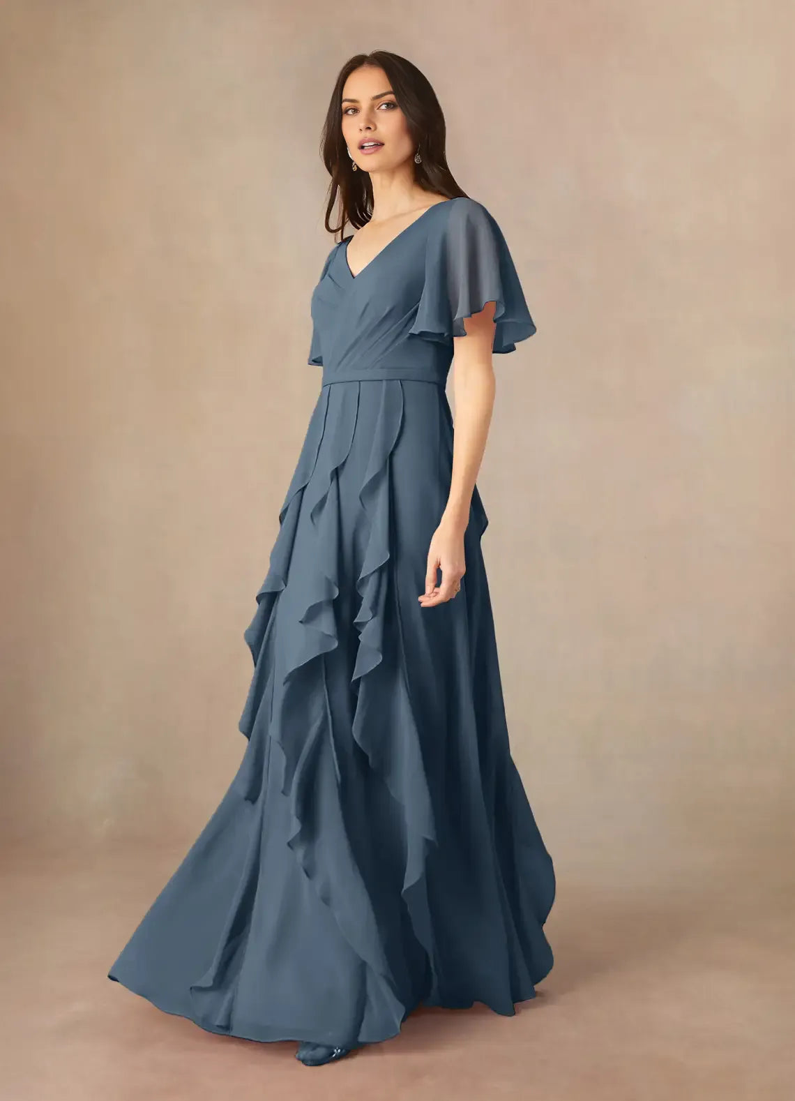 Fashionable A-Line V-Neck Flutter Sleeve Cascading Ruffles V back Back Zip Floor-Length Mother of the Bride Dress Custom