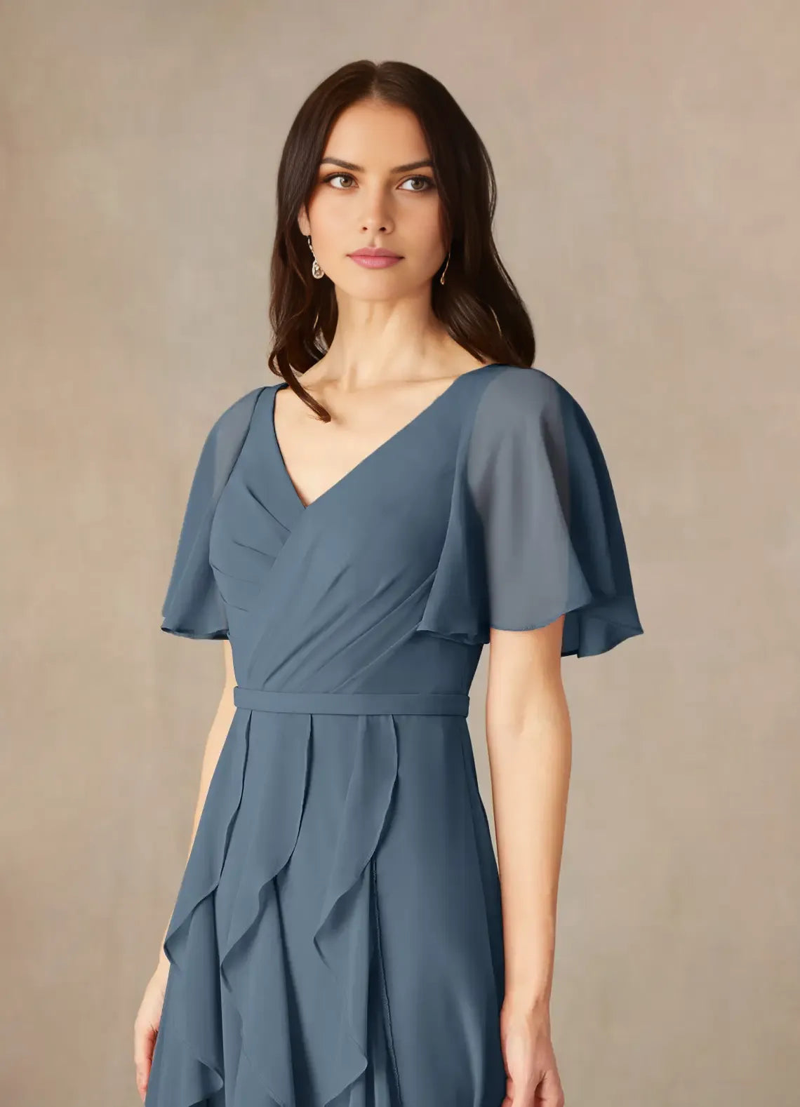 Fashionable A-Line V-Neck Flutter Sleeve Cascading Ruffles V back Back Zip Floor-Length Mother of the Bride Dress Custom