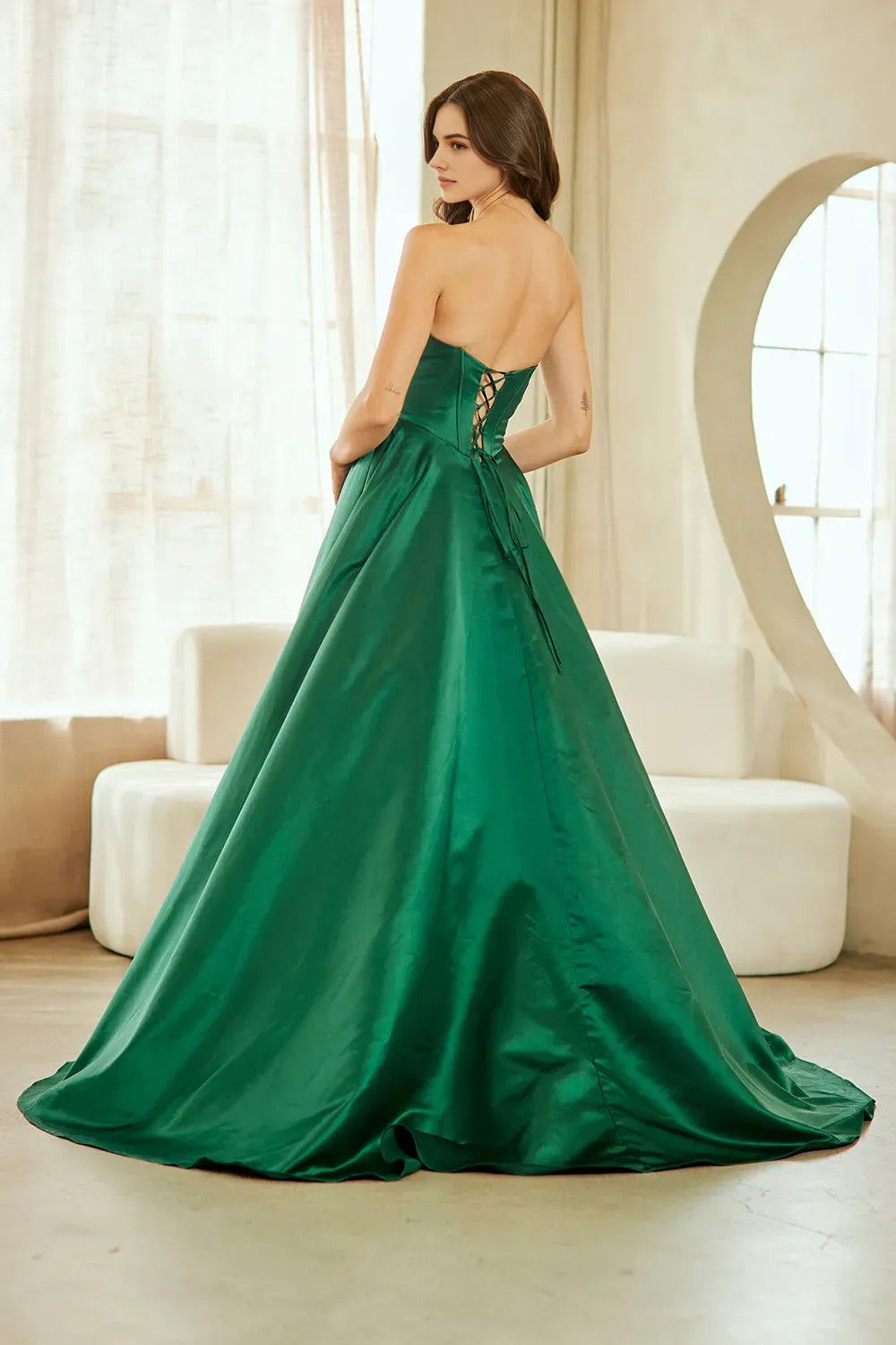 Fashionable A-line Satin V-neck Strapless Lace Up Floor length prom dress for women for sale