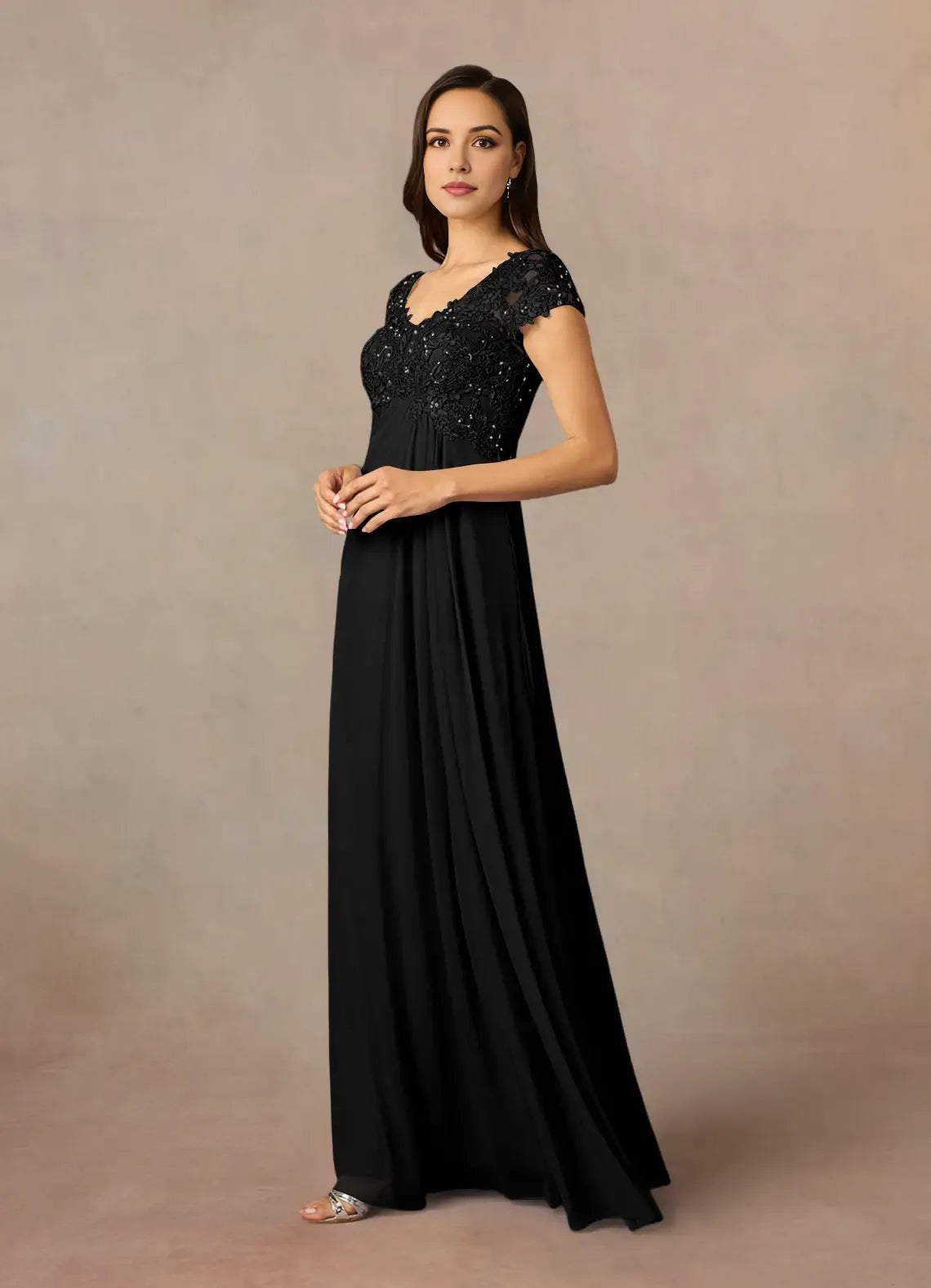 Fashionable Black A-Line V-Neck Sequin Lace Cap Sleeves Keyhole Back Zip Floor-Length Mother of the Bride Dress for sale