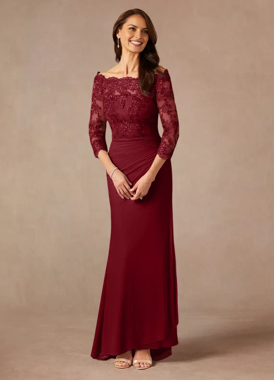 Fashionable Burgundy Mermaid Off the Shoulder Three-Quarter Sleeve Keyhole Back Zip Sweep train Mother of the Bride Dress hot sale