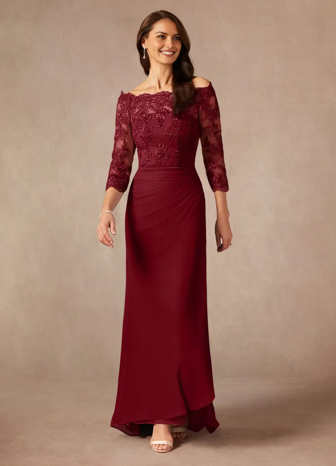 Fashionable Burgundy Mermaid Off the Shoulder Three-Quarter Sleeve Keyhole Back Zip Sweep train Mother of the Bride Dress hot sale