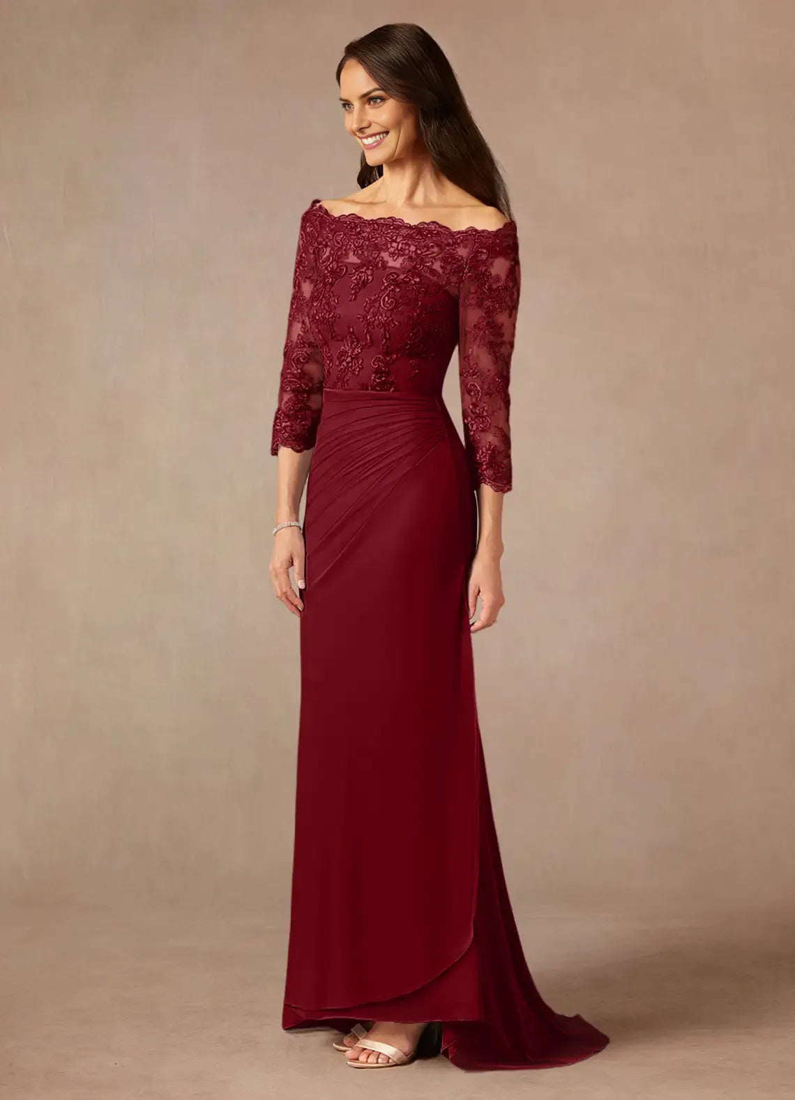 Fashionable Burgundy Mermaid Off the Shoulder Three-Quarter Sleeve Keyhole Back Zip Sweep train Mother of the Bride Dress hot sale