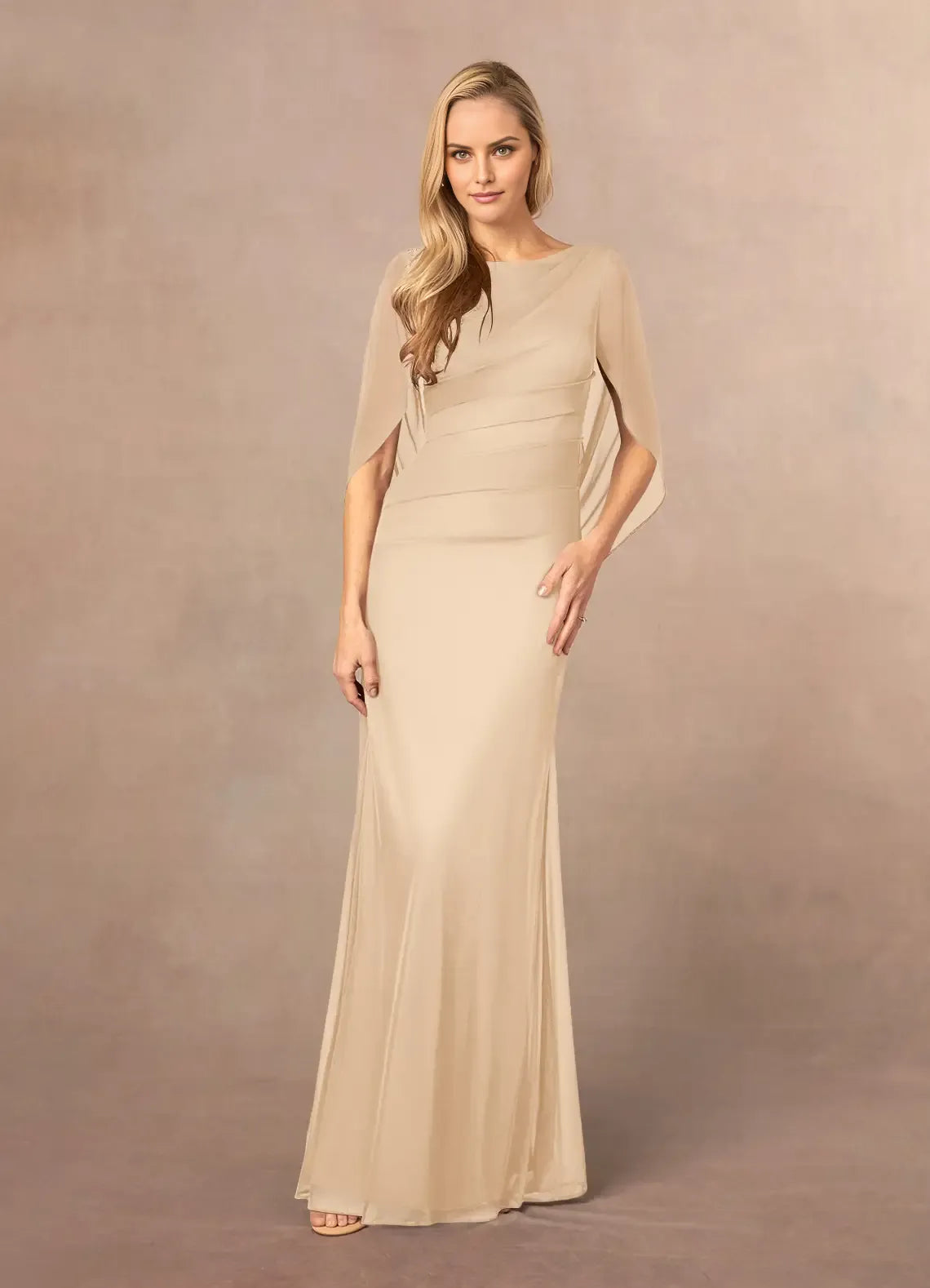 Fashionable Champagne Mermaid Scoop Neck Cape V back Back Zip Floor-Length Mother of the Bride Dress Custom