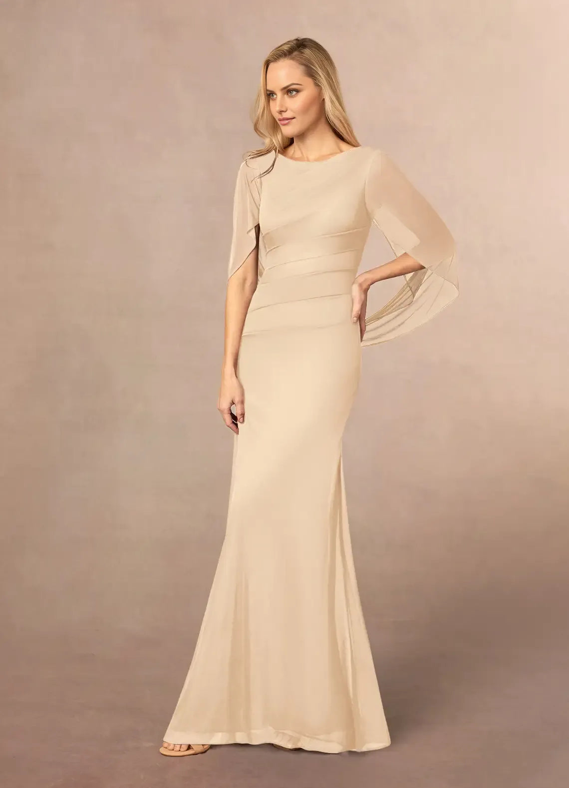Fashionable Champagne Mermaid Scoop Neck Cape V back Back Zip Floor-Length Mother of the Bride Dress Custom