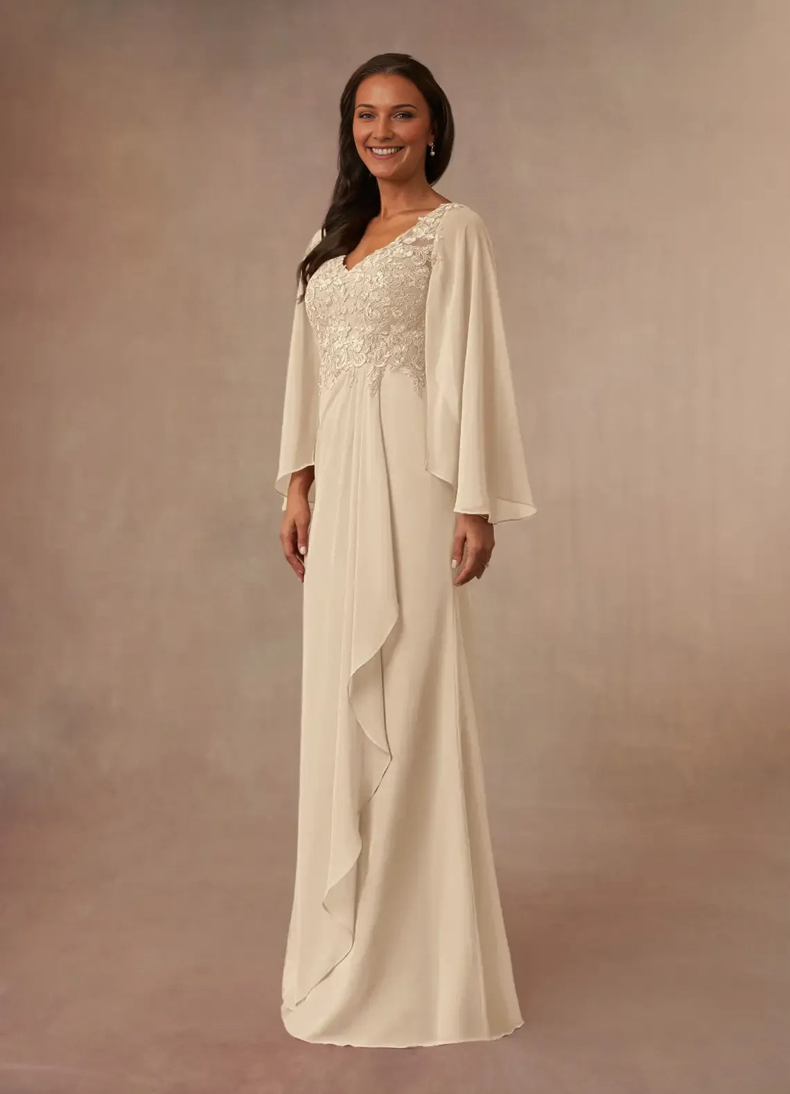 Fashionable Champagne Mermaid V-Neck Lace Long Sleeves Back Zip Floor-Length Mother of the Bride Dress for ladies hot sale