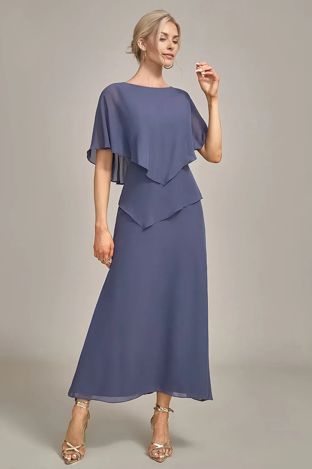 Fashionable Chiffon Layered Cape Sleeve Back Zip Mother of the Bride Dress for mother of the bride