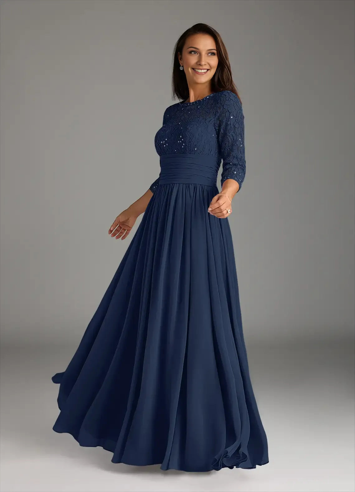 Fashionable Dark Navy A-Line Lace Chiffon Scoop Neck Three-Quarter Sleeve Back Zip Floor-Length Mother of the Bride Dress for women for sale