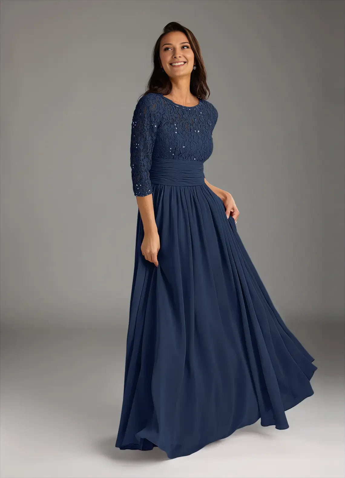 Fashionable Dark Navy A-Line Lace Chiffon Scoop Neck Three-Quarter Sleeve Back Zip Floor-Length Mother of the Bride Dress for women for sale