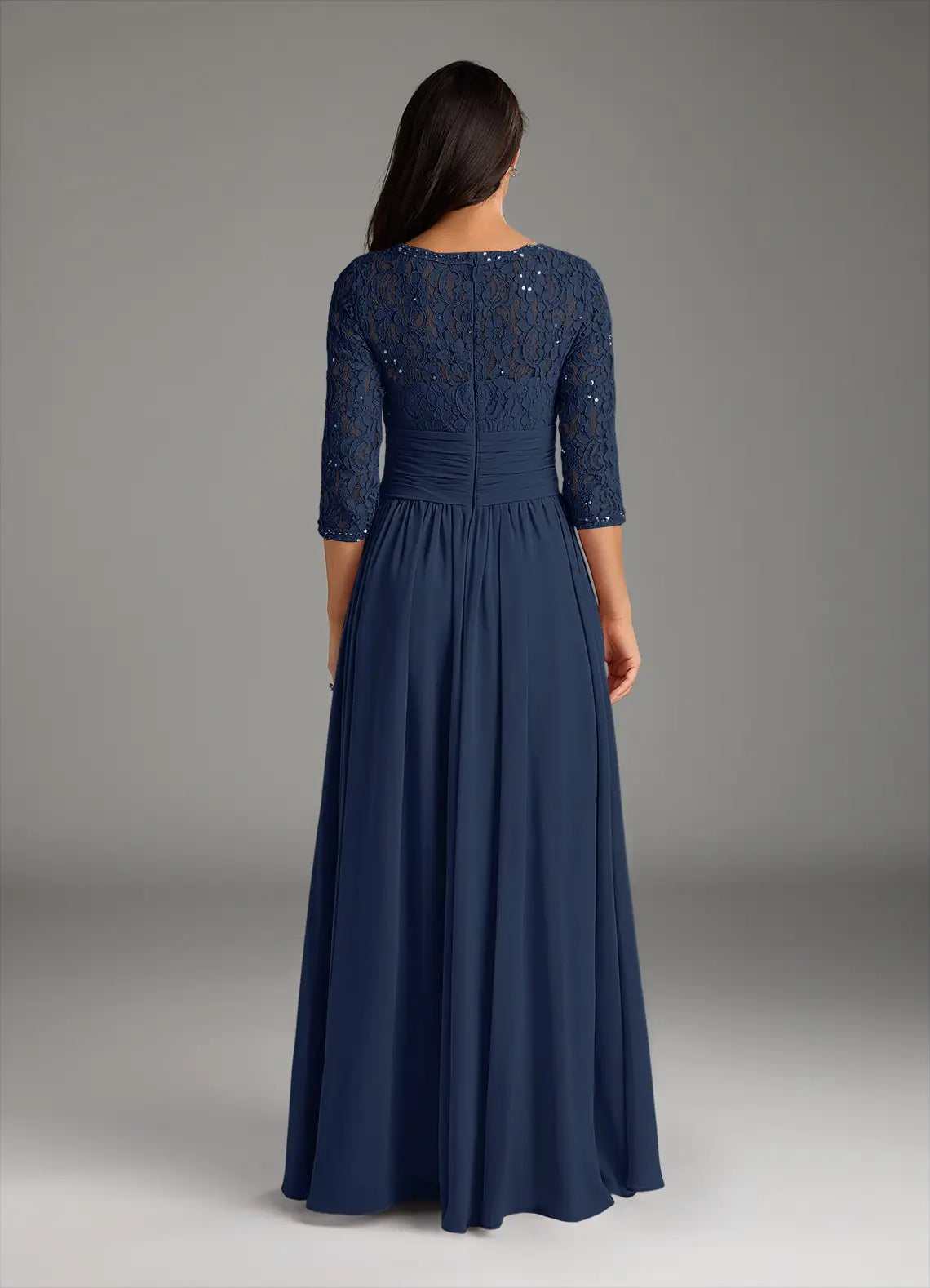 Fashionable Dark Navy A-Line Lace Chiffon Scoop Neck Three-Quarter Sleeve Back Zip Floor-Length Mother of the Bride Dress for women for sale