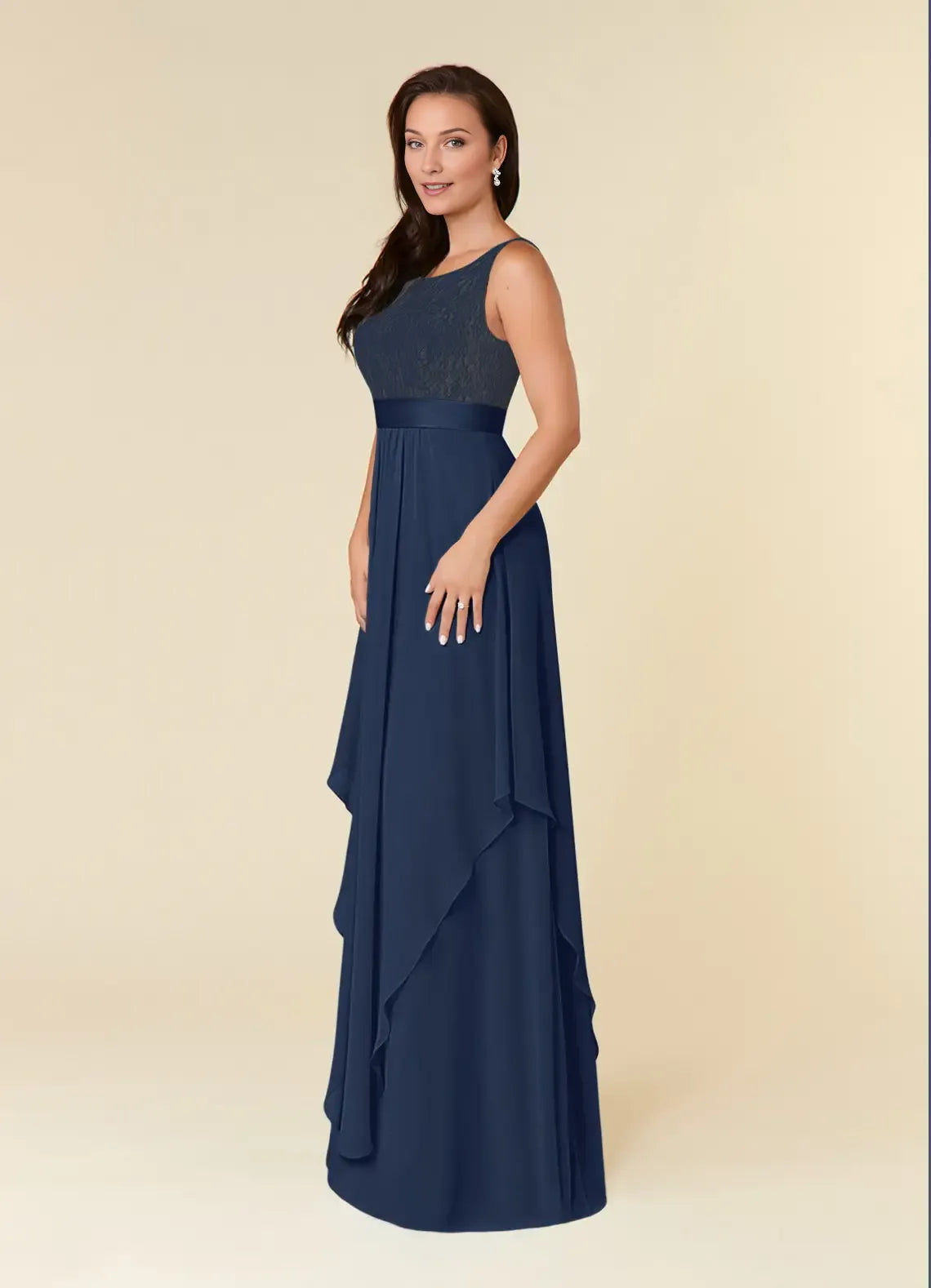 Fashionable Dark Navy A-Line Lace Scoop Neck Sleeveless Back Zip Floor-Length Mother of the Bride Dress hot sale 