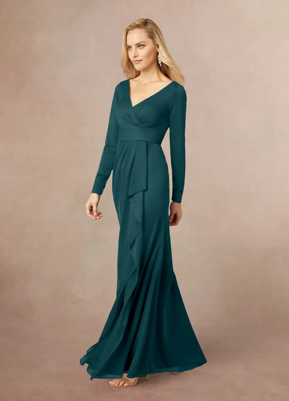 Fashionable Mermaid V-Neck Cascading Ruffles Long Sleeves Back Zip Floor-Length Side Leg Slit Mother of the Bride Dress hot sale