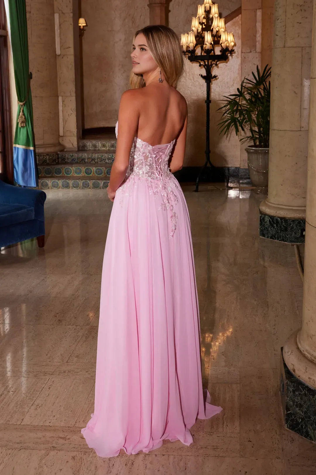 Fashionable Pink A-line illusion sweetheart Chiffon Strapless Off the shoulder Beaded Embellishments Lace Up Floor-Length prom dress hot sale