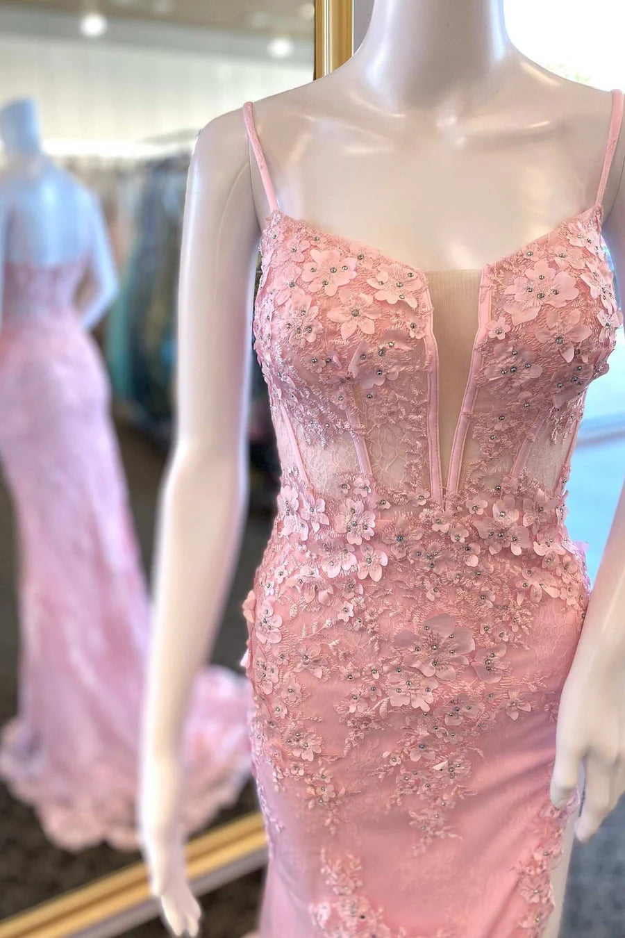 Floral Lace Split Neck Mermaid Long Prom Dress with Slit
