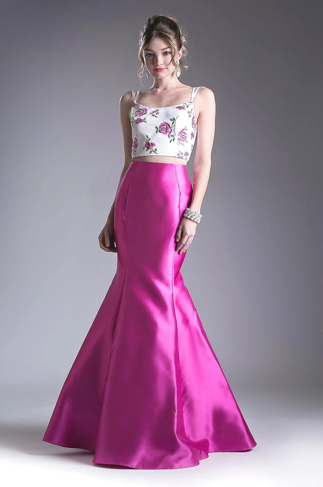 Flower decal 2-piece mermaid dress with thin suspender and exposed back