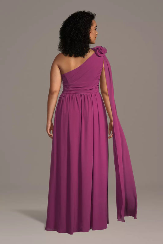 Glamorous A-Line One-Shoulder Chiffon Sleeveless Side Zip Floor-Length Plus Size Mother of the Bride Dress with Streamer