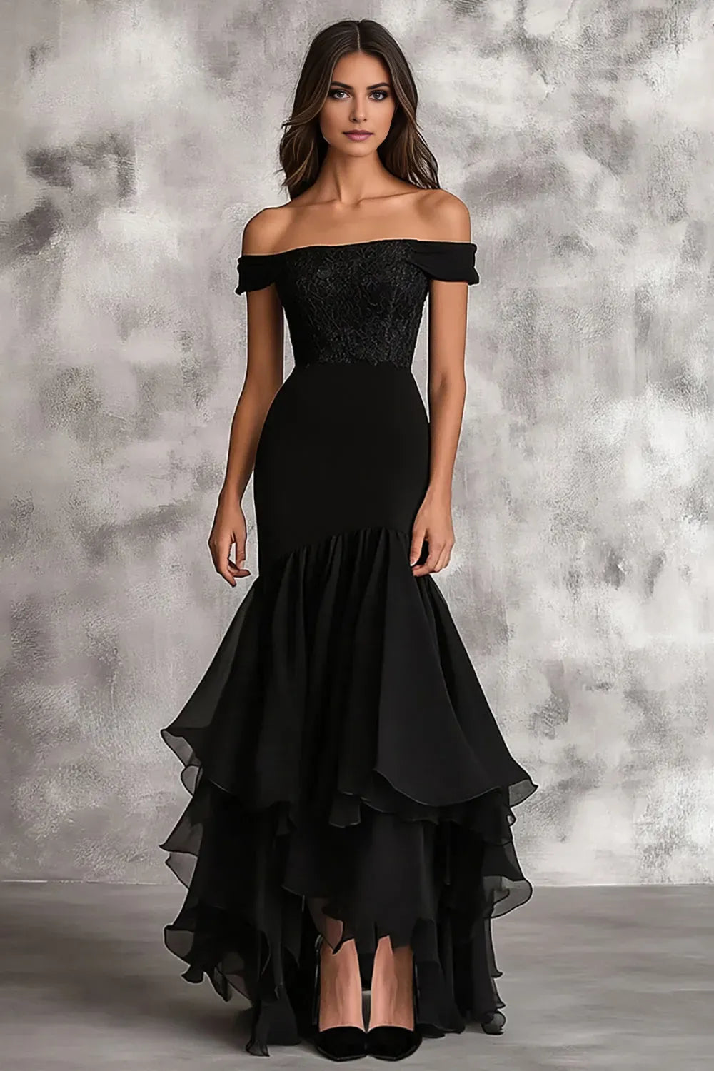 Glamorous Black Mermaid Off-Shoulder Short Sleeve Lace Up Floor-Length Prom Dresses with Ruffles