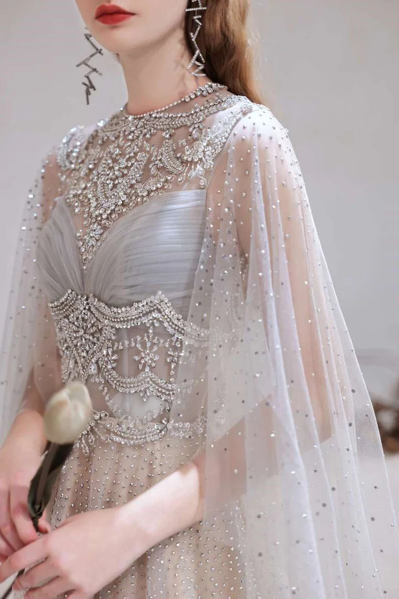 Glamorous Light Grey Tulle Beaded Long Prom Gown with Cape