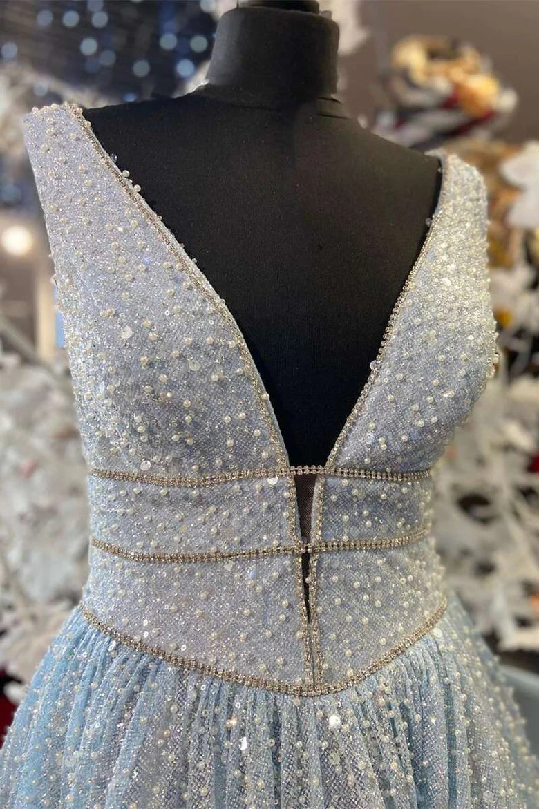 Glitter A-Line Light Blue Beaded V-Neck Backless Long Prom Dress
